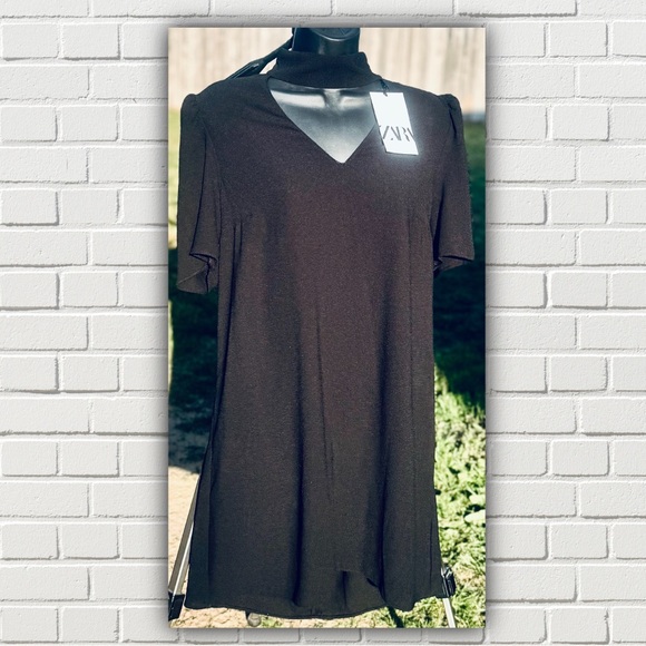 “New Zara Black Midi Dress with Tags - High Neck, Short Sleeves, Size L, Made in - Picture 2 of 15